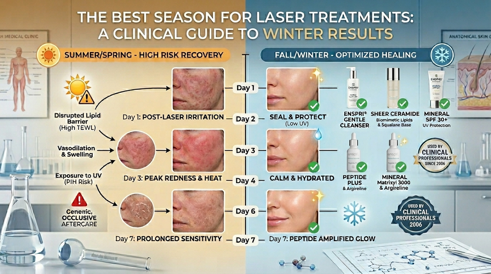 7-day Pico laser recovery timeline comparing standard aftercare vs Enspri Clinical Protocol using Sheer Ceramide and Peptide Plus for optimized winter results.