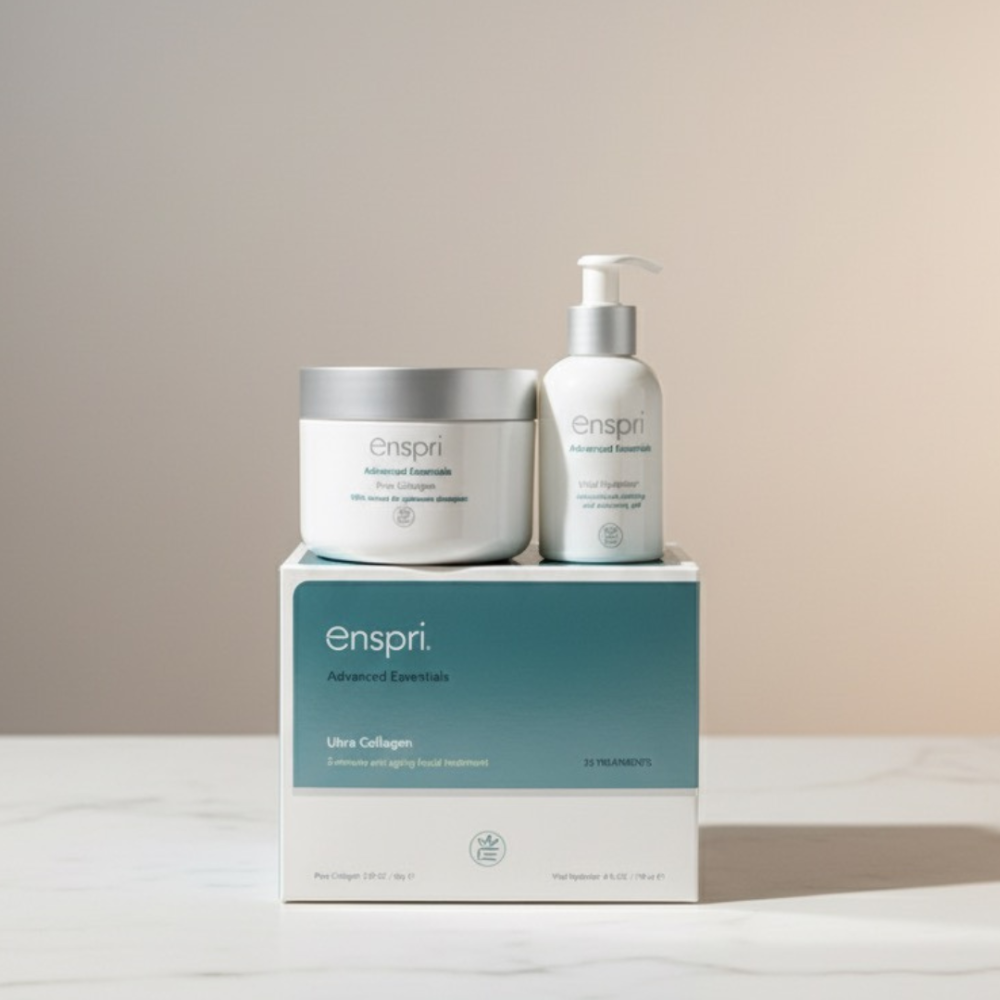Enspri Ultra Collagen anti-aging facial treatment set for intense tightening and hydration, shown with clinical-grade marine collagen powder and vital hydrator serum.