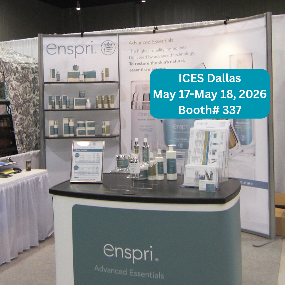 Enspri Skincare professional trade show booth featuring "Advanced Essentials" spa-grade products on display with a text overlay for ICES Dallas, May 17-May 18, 2026, Booth 337.