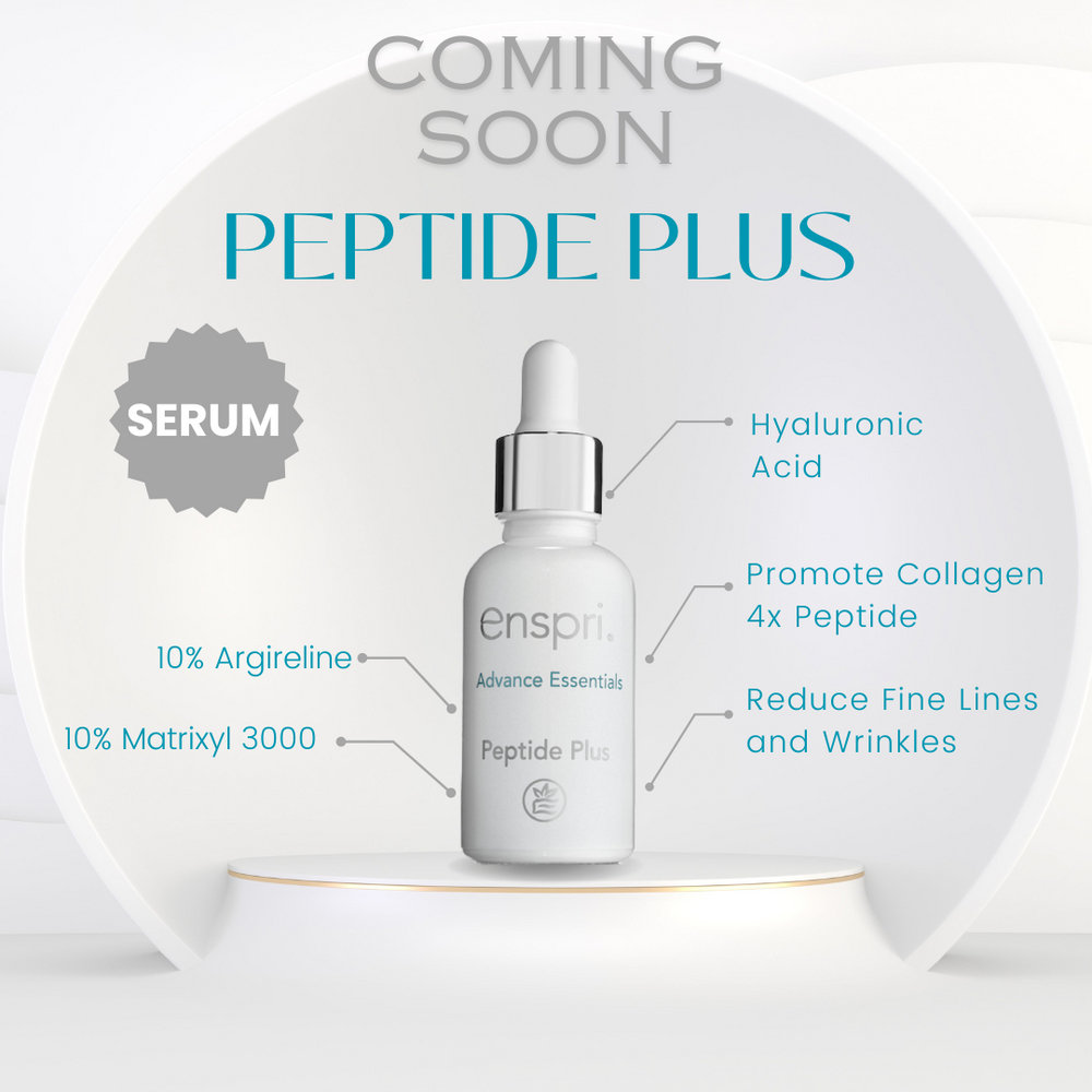 Enspri Peptide Plus Serum bottle, a high-potency 20% peptide treatment featuring 10% Matrixyl 3000 and 10% Argireline for intensive wrinkle reduction and skin firming.