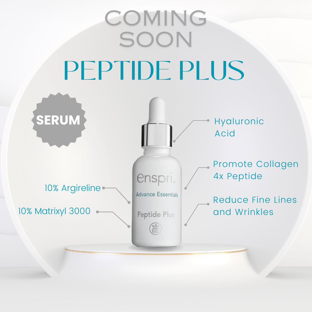 Enspri Peptide Plus Serum bottle, a high-potency 20% peptide treatment featuring 10% Matrixyl 3000 and 10% Argireline for intensive wrinkle reduction and skin firming.
