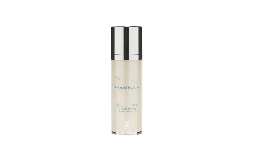 Close-up of Enspri Sheer Ceramide, a sheer barrier protector that uses high-purity Squalane to mimic natural skin lipids for a non-greasy, professional finish.