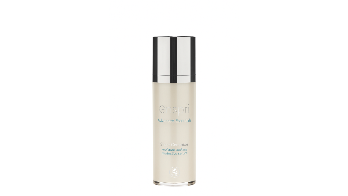 Close-up of Enspri Sheer Ceramide, a sheer barrier protector that uses high-purity Squalane to mimic natural skin lipids for a non-greasy, professional finish.