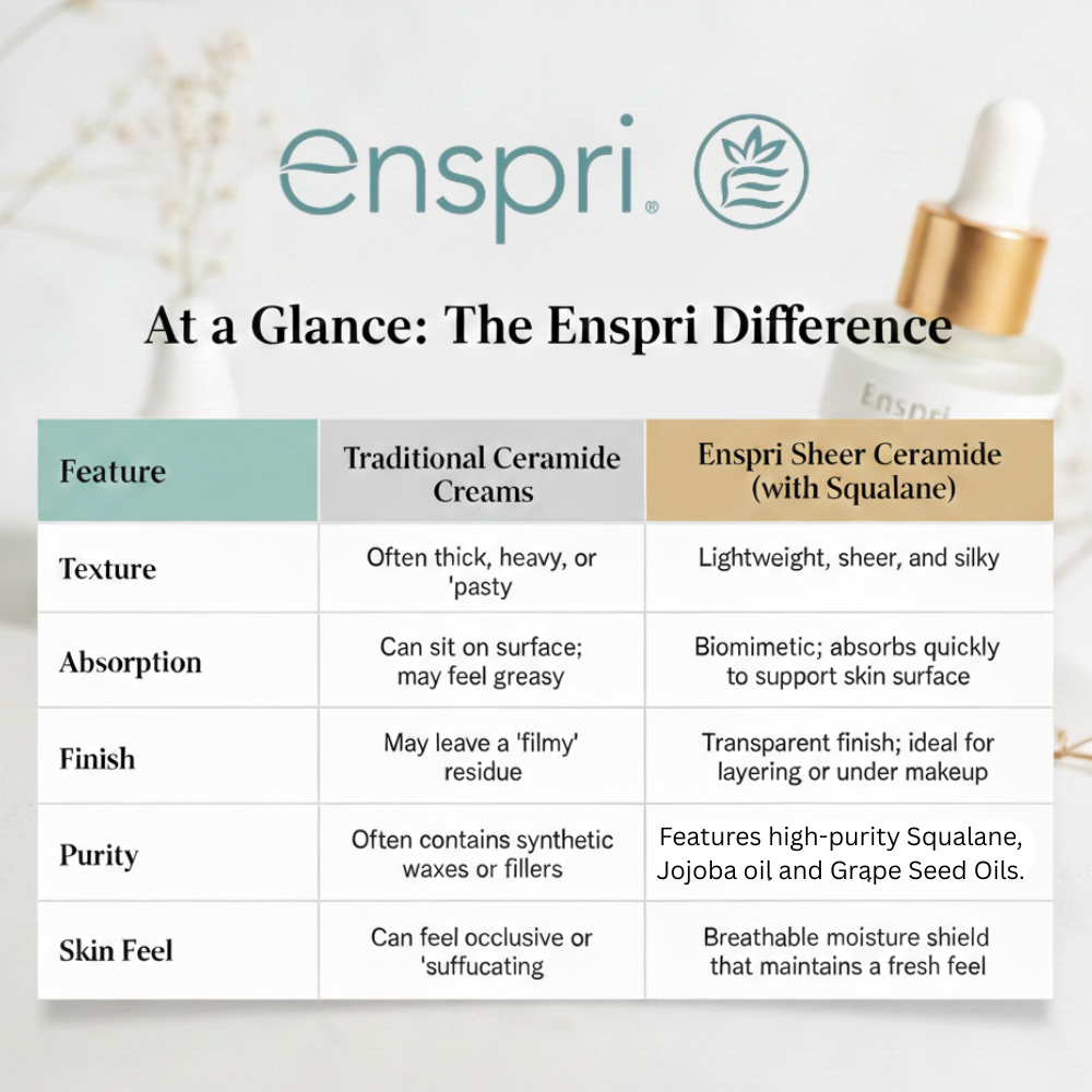 Comparison chart showing Enspri Sheer Ceramide with Squalane vs Traditional ceramide products for lightweight barrier support