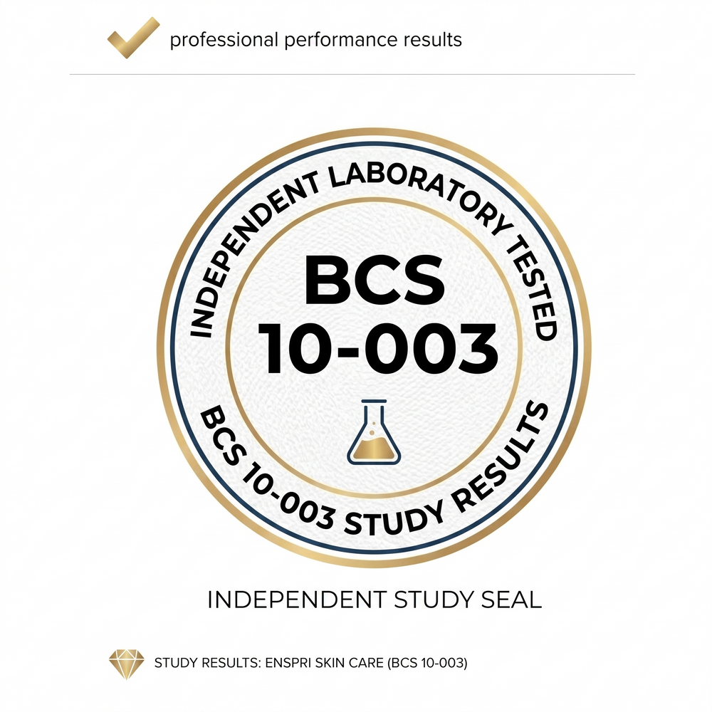 Enspri Skin Care Independent Clinical Study Seal for Study BCS 10-003 showing laboratory verified results.