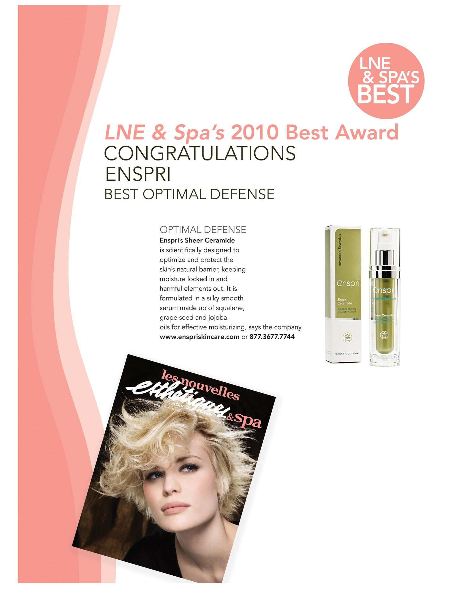 Enspri Sheer Ceramide award-winning barrier repair serum, recipient of the LNE & Spa Best Optimal Defense Award for professional skincare excellence.