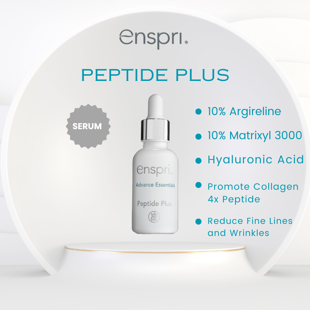 Enspri Peptide Plus Serum bottle, a high-potency 20% peptide treatment featuring 10% Matrixyl 3000 and 10% Argireline for intensive wrinkle reduction and skin firming.