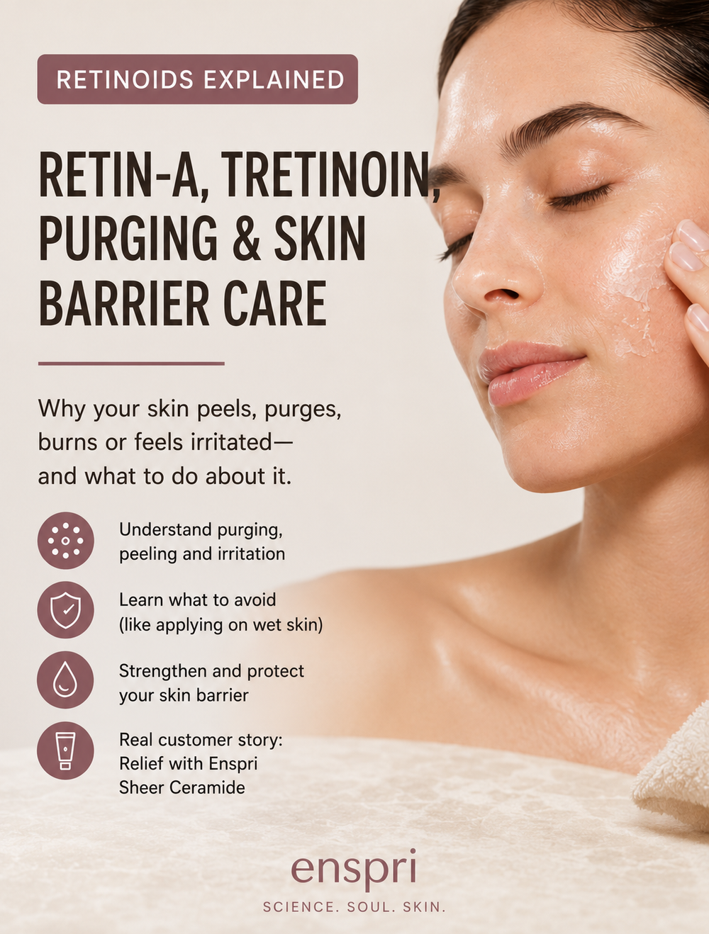 Infographic explaining Retin-A and tretinoin side effects, including skin purging, peeling, irritation, and skin barrier care, with a woman experiencing facial peeling and tips for protecting the skin barrier during retinoid use.
