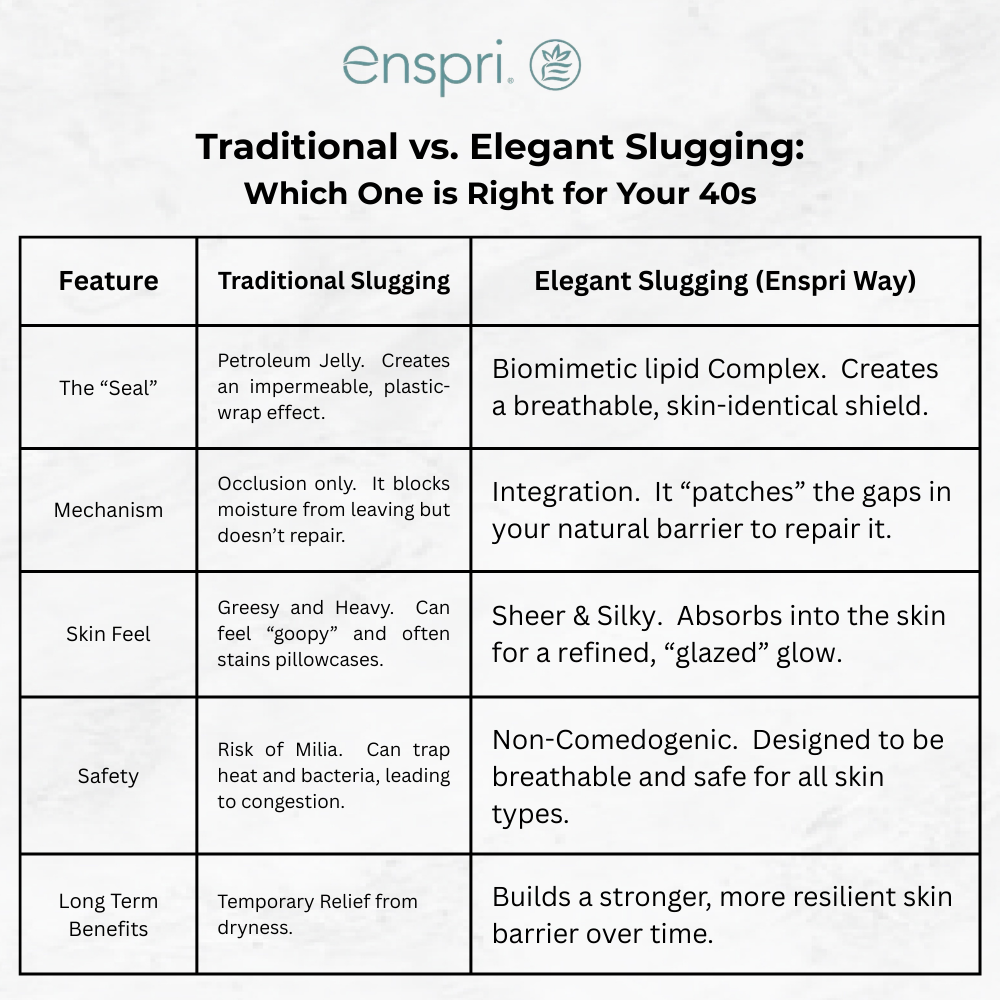 A comparison chart titled 'Traditional vs. Elegant Slugging: Which One is Right for Your 40s.' The table compares Petroleum Jelly against Enspri’s Biomimetic Lipid Complex across categories like Mechanism, Skin Feel, Safety, and Long-Term Benefits.