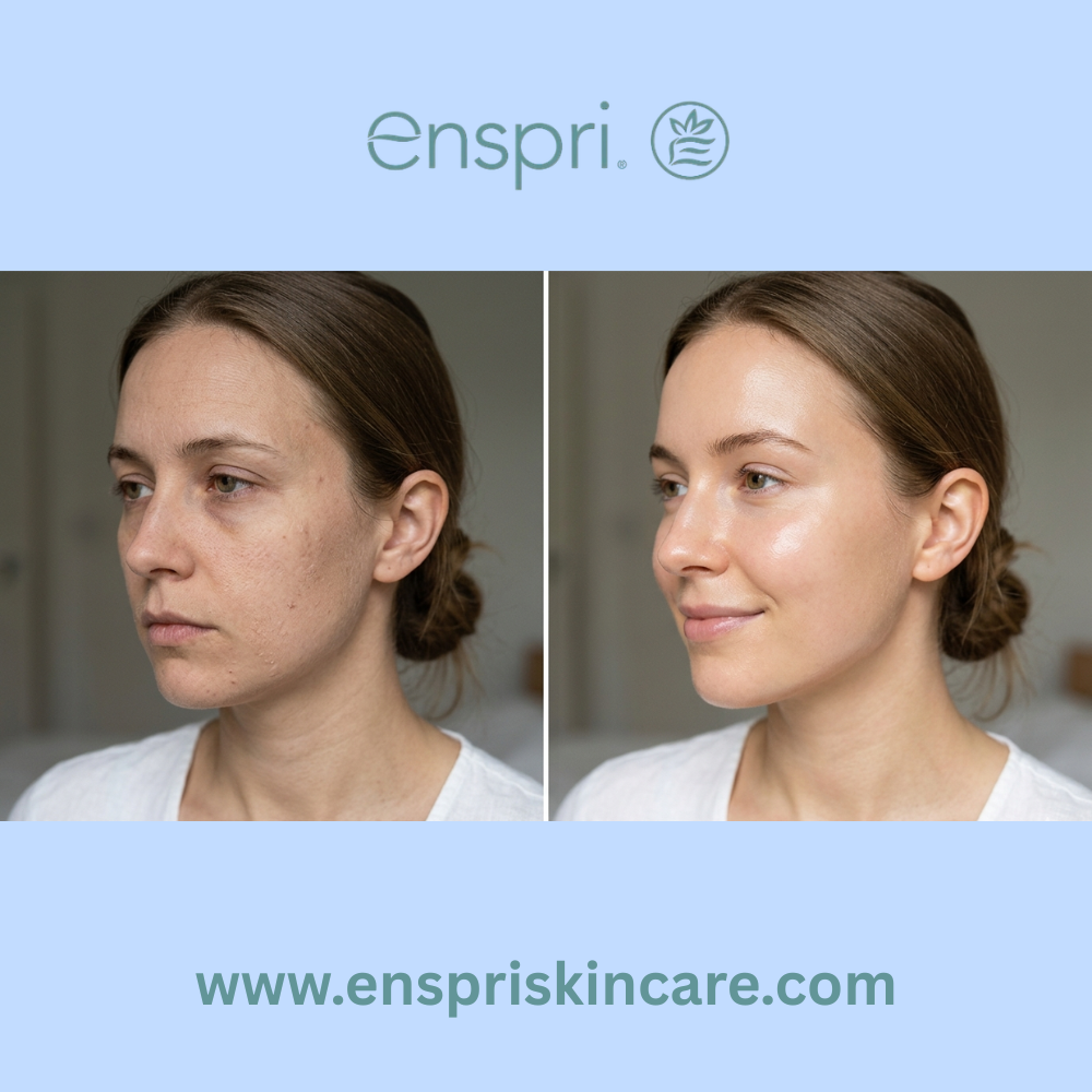 Before and after comparison of a damaged skin barrier versus a healthy, hydrated skin barrier featuring Enspri biomimetic skincare results.
