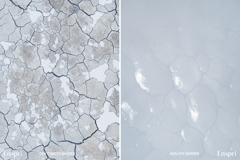 Side-by-side comparison of a "cracked" dehydrated skin barrier vs. a "sealed" hydrated Enspri barrier