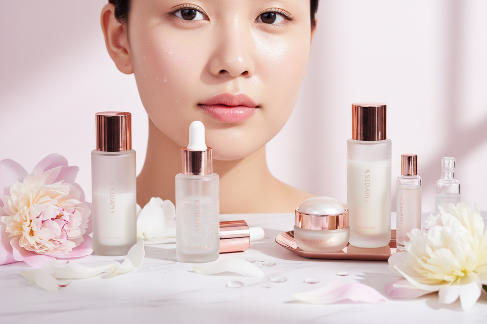 A woman with a glowing, hydrated 'glass skin' complexion surrounded by professional skincare bottles and flowers, illustrating the East Asian philosophy of building a healthy skin foundation.