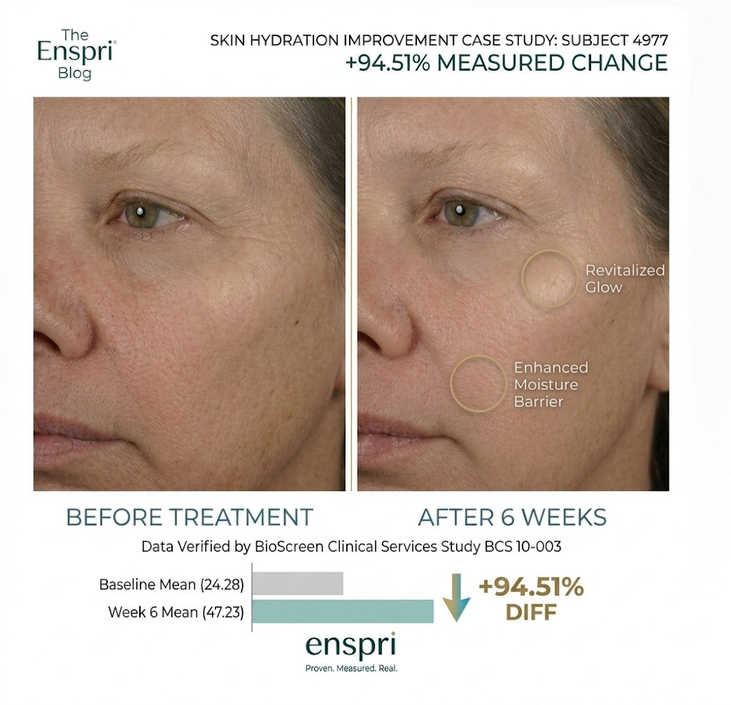 Clinical study results for Enspri Sheer Ceramide showing a 94.51% increase in skin hydration for Subject 4977 over 6 weeks, verified by BioScreen Clinical Services.