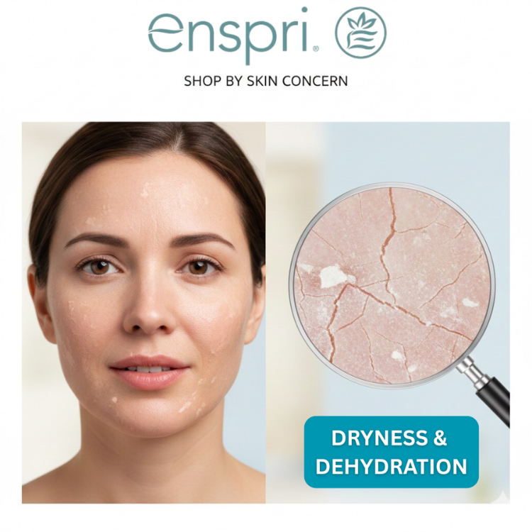 Woman's face with dry skin and magnified view of dry skin texture, featuring Enspri brand.
