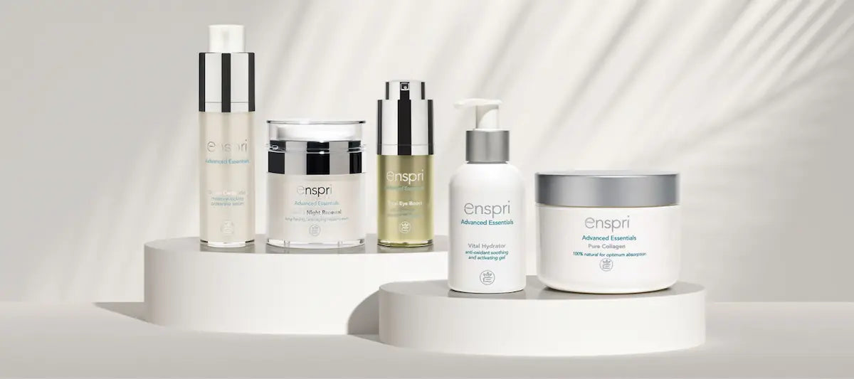Enspri professional biomimetic skincare collection featuring barrier-focused serums, collagen treatments, peptide therapy, and hydration essentials for healthy skin.