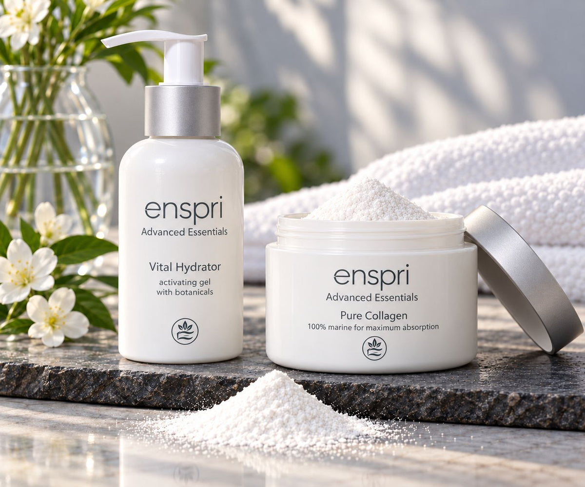 Enspri Ultra Collagen Mask Kit featuring Pure Marine Collagen powder and Vital Hydrator activating gel, displayed with matte silver packaging in a spa setting