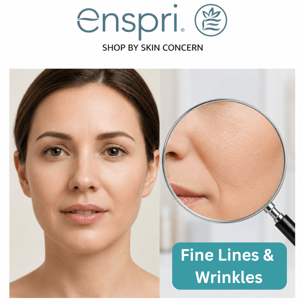 An Enspri brand graphic titled "SHOP BY SKIN CONCERN." On the left, a close-up photo shows a woman's face with subtle lines on her forehead and around her mouth. On the right, a magnifying glass focuses on a magnified view of her cheek and mouth area, highlighting a deep laugh line and fine skin texture wrinkles. A teal badge at the bottom reads "Fine Lines & Wrinkles."