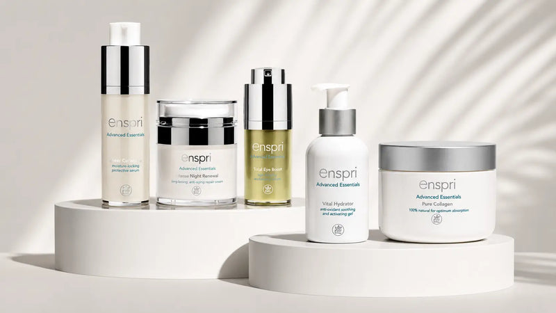Enspri Advanced Essentials professional skincare product line including Pure Collagen, Sheer Ceramide, Total Eye Boost and Intense Night Renewal night cream.