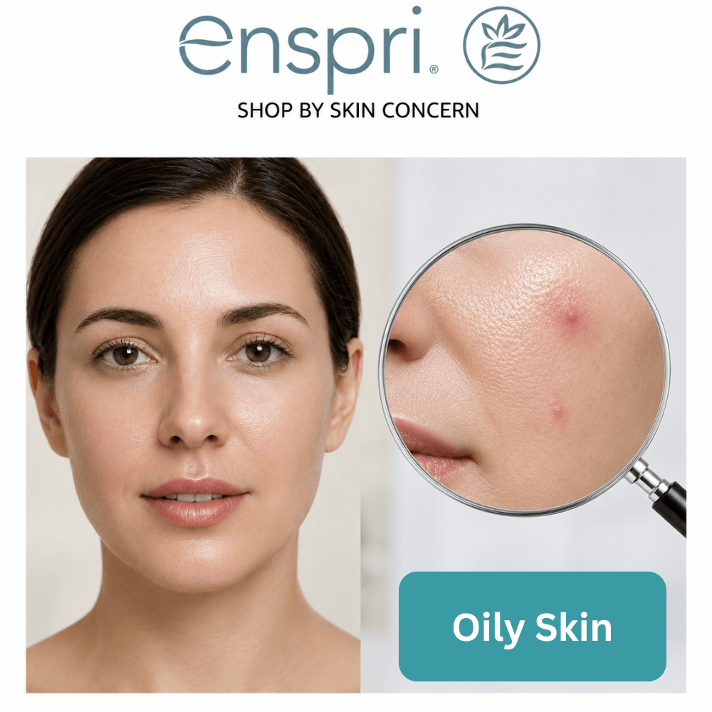 An Enspri brand graphic titled "SHOP BY SKIN CONCERN." On the left, a close-up photo shows a woman's face with a visibly shiny, oily complexion, particularly on her forehead, nose, and cheeks. On the right, a magnifying glass focuses on a magnified view of her cheek, highlighting enlarged pores and two small, red blemishes. A teal badge at the bottom reads "Oily Skin."