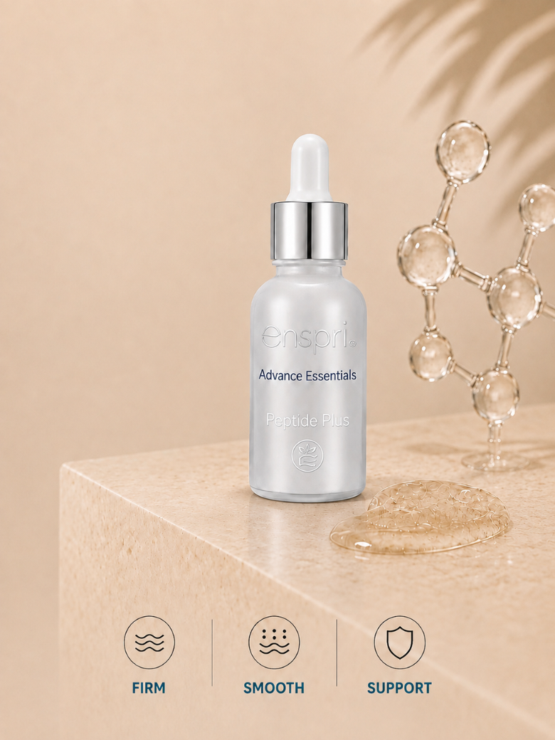 A frosted glass skincare dropper bottle labeled 'ensprl Advance Essentials Peptide-Plus' sits on a beige stone pedestal. The background is a warm beige with soft leaf shadows and a decorative glass molecule prop.