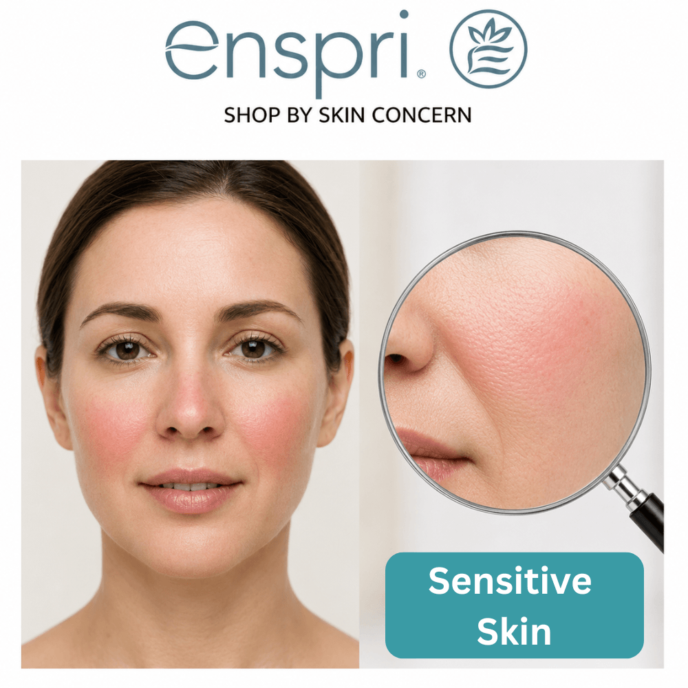 An Enspri brand graphic titled "SHOP BY SKIN CONCERN." On the left, a close-up photo shows a woman's face with noticeable redness and flushing across her cheeks and the bridge of her nose. On the right, a magnifying glass focuses on a magnified view of her cheek, highlighting the irritated, red patches on her skin texture. A teal badge at the bottom reads "Sensitive Skin."
