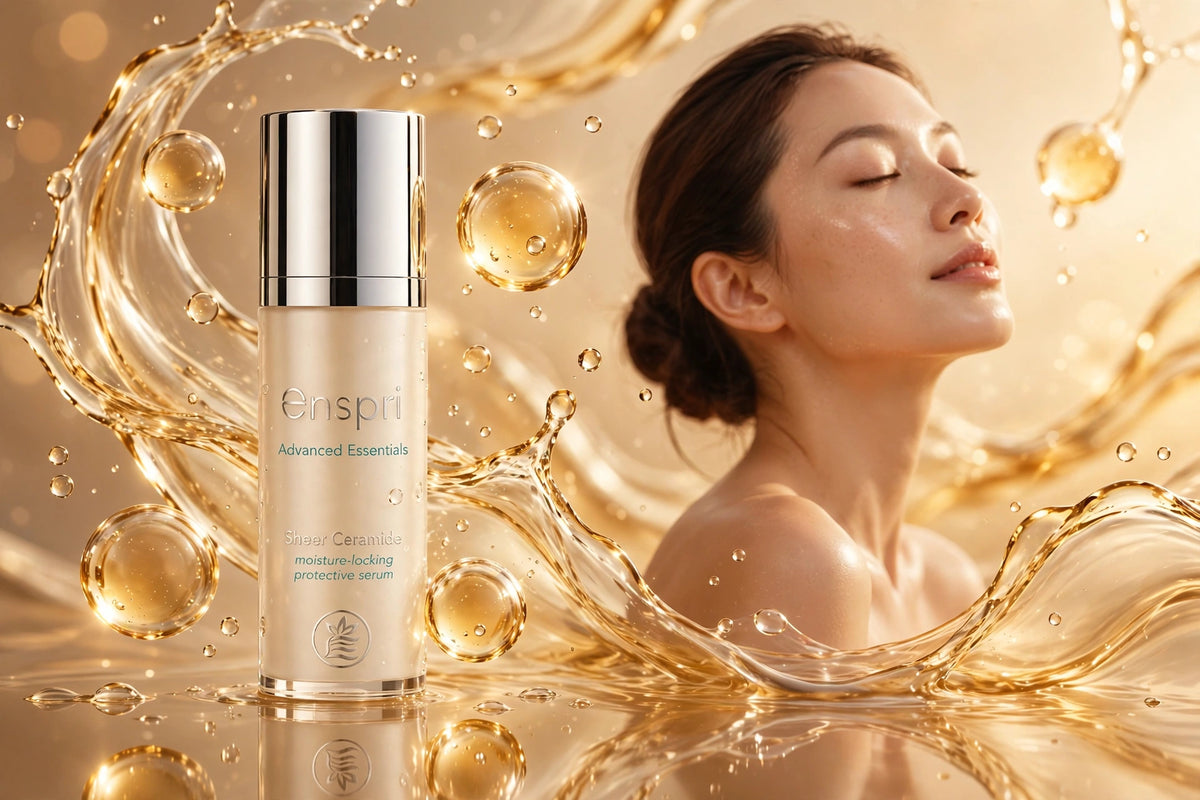 Enspri_Sheer_Ceramide_moisture-locking_protective_serum_bottle_in_a_golden_campaign_scene
