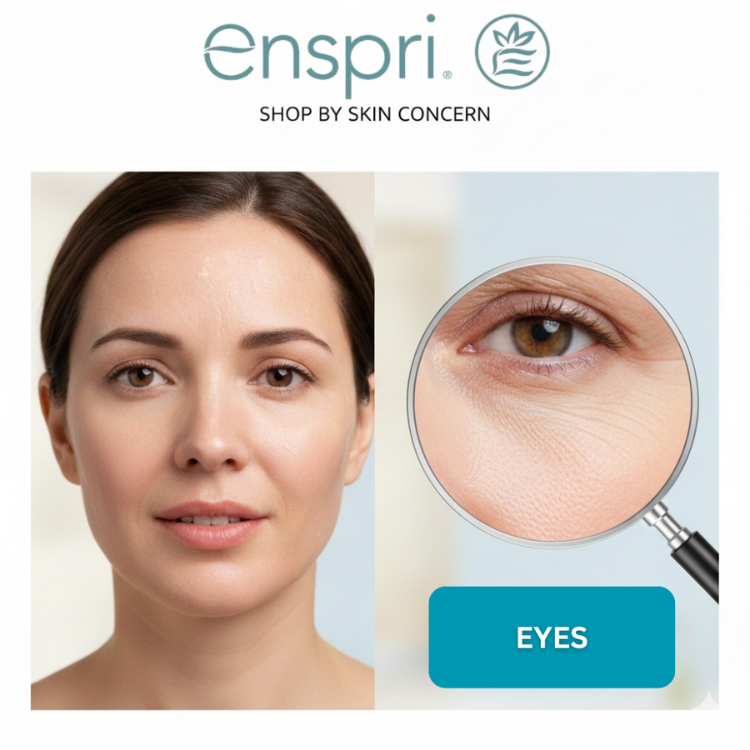 Woman's face with a magnified view of an eye, featuring Enspri skincare brand.