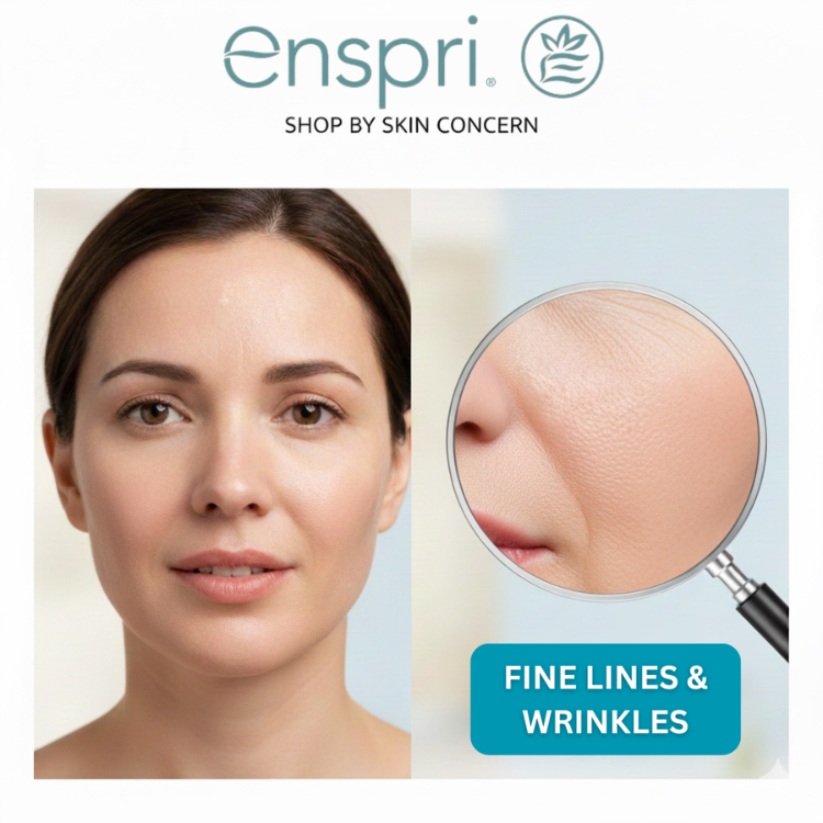 Woman's face with magnified view of skin showing fine lines and wrinkles, Enspri brand visible.