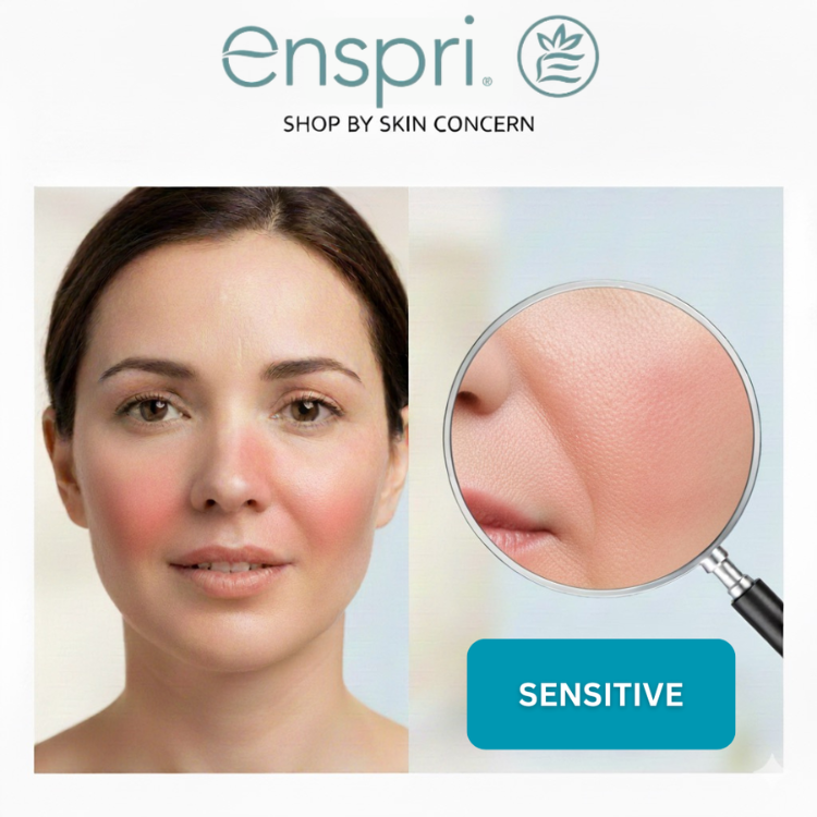 Woman's face with a magnified view of sensitive skin and Enspri branding.