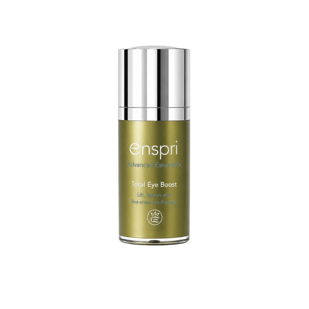 Total Eye Boost peptide eye cream in a sleek gold airless bottle with a white pump, formulated for reducing dark circles, puffiness, and fine lines