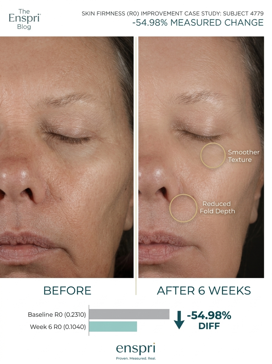 Clinical before and after case study for Enspri Advanced Essentials showing a 54.98% measured improvement in skin firmness for Subject 4779 after 6 weeks.