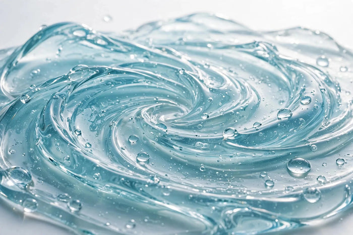 Close-up of translucent blue hydrating skincare gel with swirling texture and water droplets, representing daily hydration for dehydrated skin