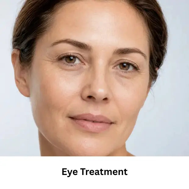 Woman with visible fine lines and mild puffiness around the eyes representing eye treatment concerns.