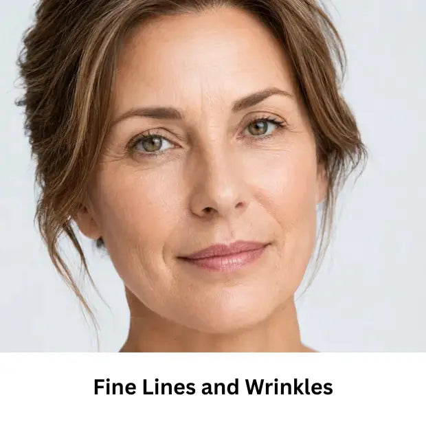 Mature woman with visible fine lines and wrinkles around the eyes and forehead.