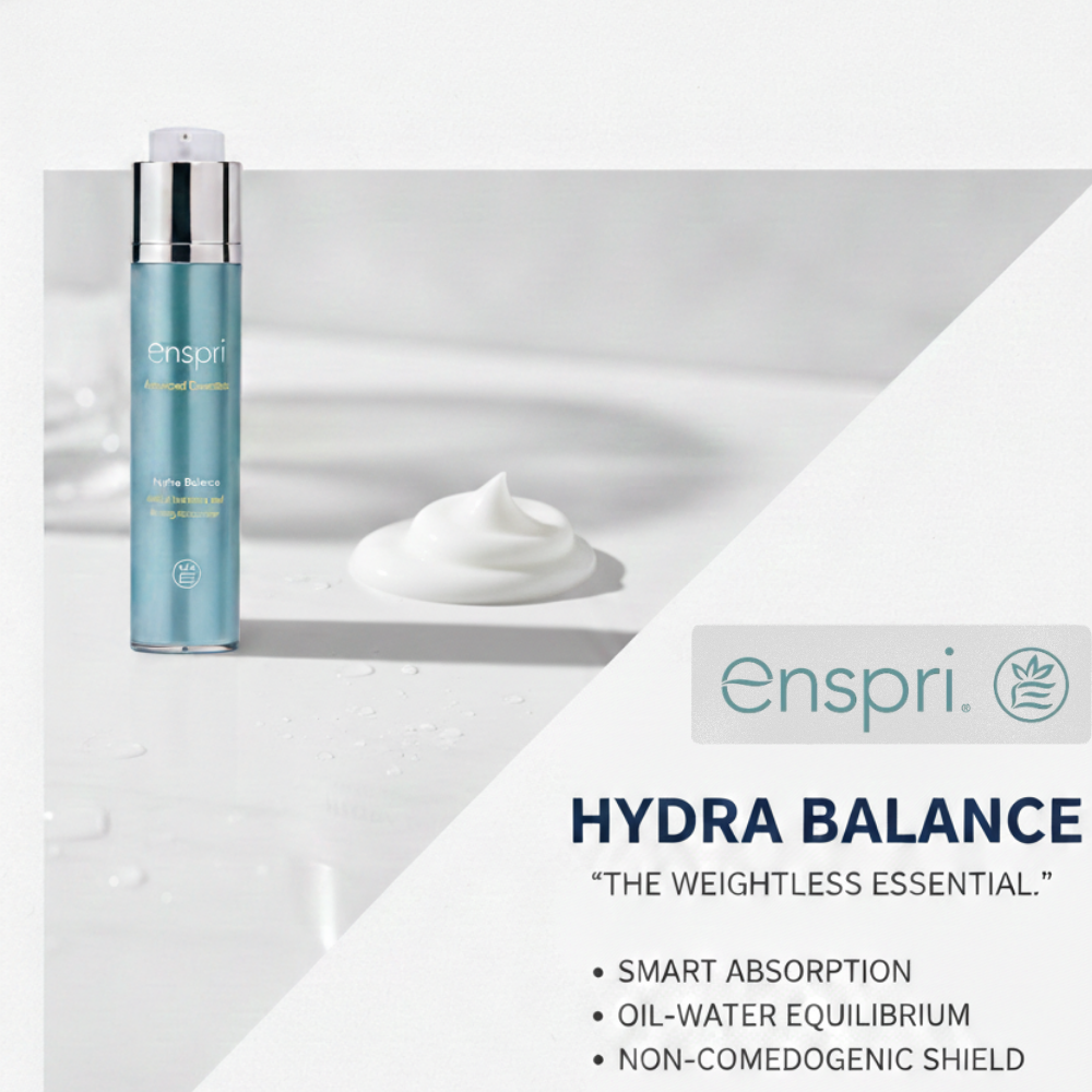 Enspri Hydra Balance moisturizer bottle with texture dollop on a white surface, featuring benefits: smart absorption, oil-water equilibrium, and non-comedogenic shield.