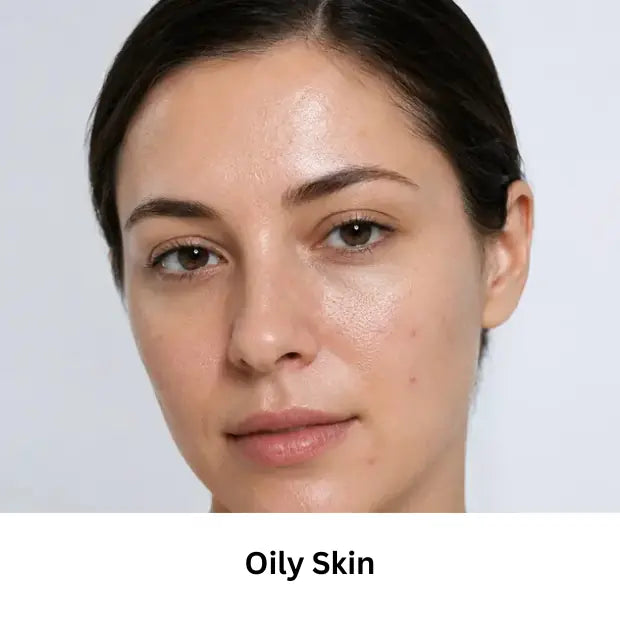 Woman with visible facial shine and enlarged pores representing oily skin.
