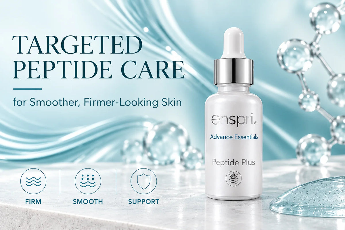 Enspri Peptide Plus Serum in a pearl-white bottle with silver dropper, displayed against a soft teal-blue background with molecular details.