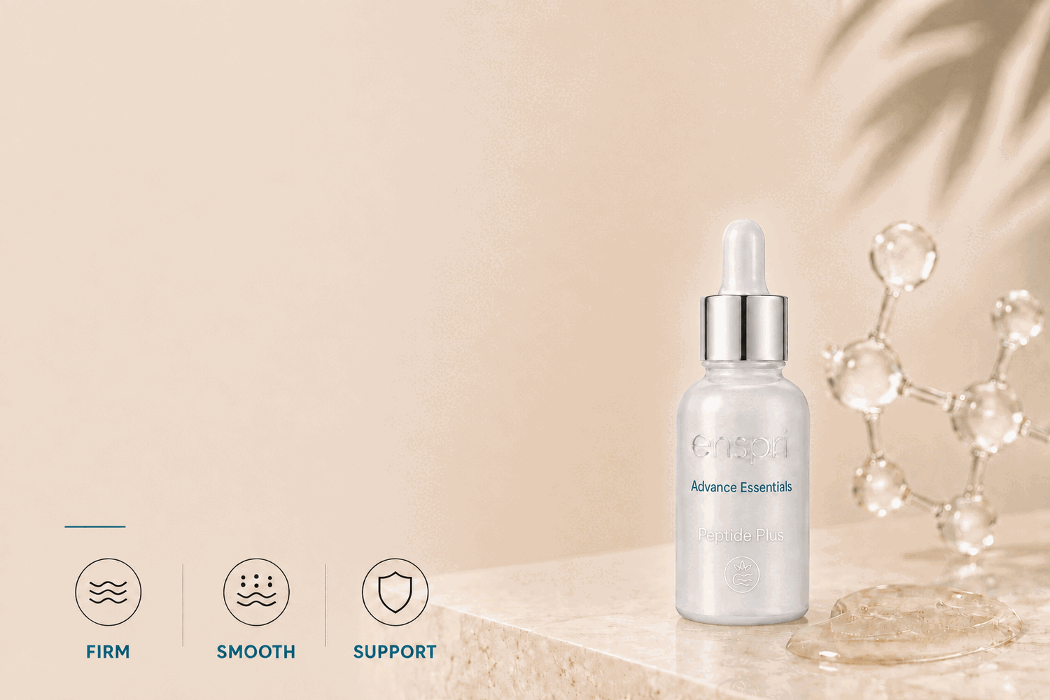 A clear glass dropper bottle labeled 'Cosmos Advanced Essentials' stands on a marble surface against a warm beige background, with three feature icons reading Firm, Smooth, and Support on the left and a decorative glass structure on the right.