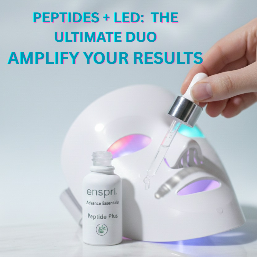 A promotional graphic with the text "PEPTIDES + LED: THE ULTIMATE DUO AMPLIFY YOUR RESULTS." The image shows a white LED light therapy mask glowing with multi-colored lights in the background. In the foreground, a hand holds a glass dropper over an open bottle of Enspri Peptide Plus serum.