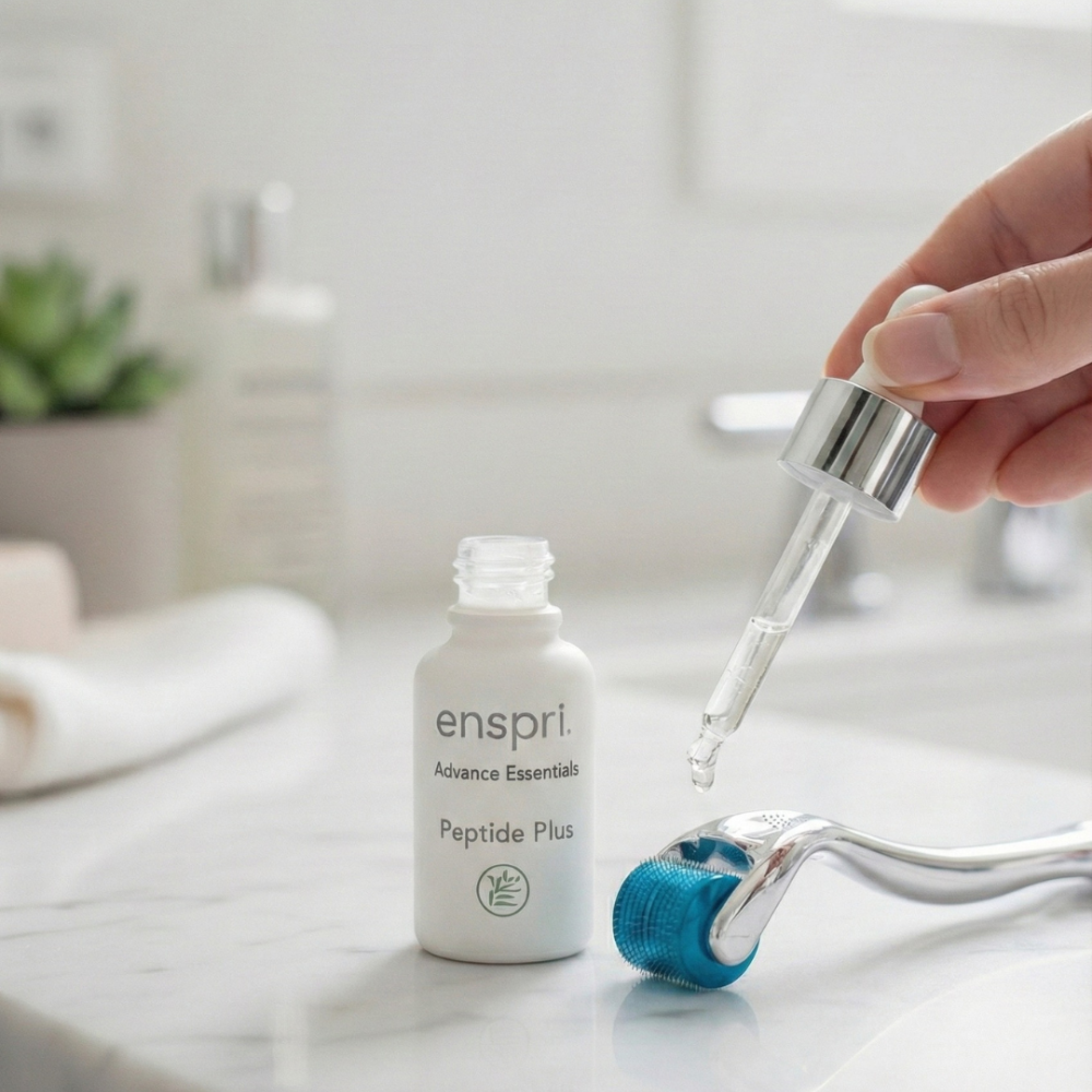 A hand holds a glass dropper filled with clear liquid over a blue microneedle derma roller. Next to the roller is a white bottle of Enspri Advance Essentials "Peptide Plus" serum on a white marble bathroom counter.
