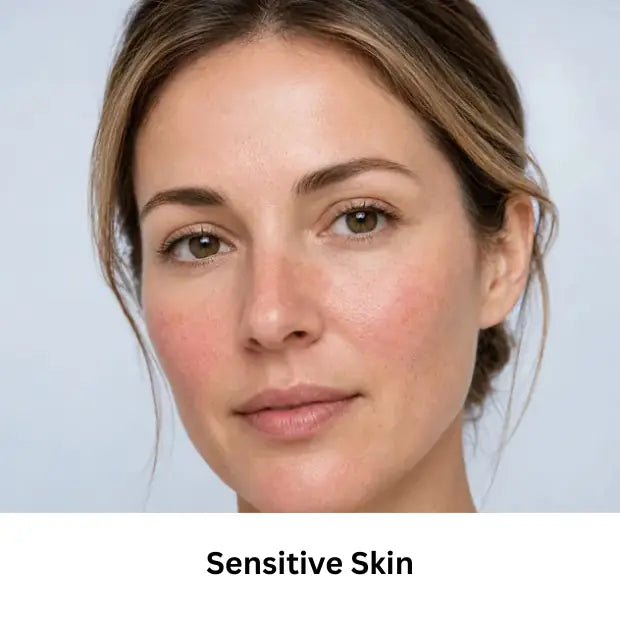 Woman with mild redness across the cheeks and nose representing sensitive skin.