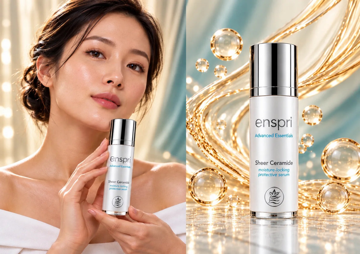 Asian woman with natural, glowing skin holding Enspri Sheer Ceramide moisture-locking protective serum, alongside a close-up of the silver-white bottle against a gold and teal background.