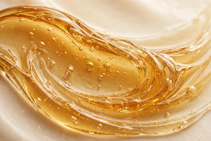 Golden, translucent serum texture with delicate bubbles, representing Enspri Sheer Ceramide and its moisture-locking skin barrier support.