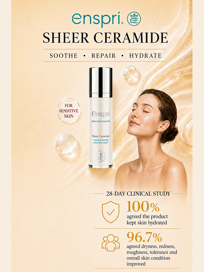 An banner for Enspri Sheer Ceramide, featuring a white and silver cosmetic bottle, a smiling woman with closed eyes, and gold-toned text detailing clinical study results on sensitive skin with 28-Day Clinical Study.