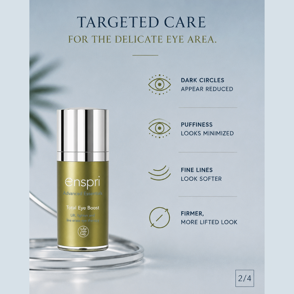Enspri Targeted Care Total Eye Boost serum bottle displayed on a clear glass stand against a light blue background with marketing text and benefit icons.