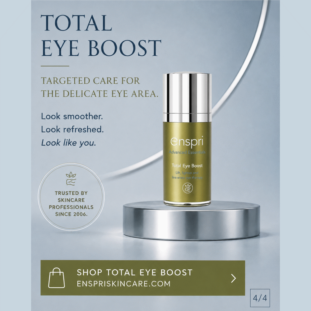 Enspri Total Eye Boost skincare bottle displayed on a metallic pedestal against a light blue-gray background with promotional text.