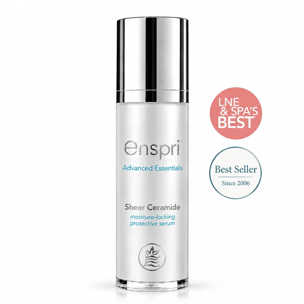 Enspri Sheer Ceramide moisture-locking barrier serum in a silver-white pump bottle with LNE & SPA's Best award and Best Seller Since 2006 badges.