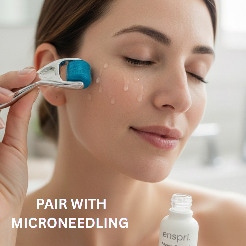 A woman with her eyes closed smiles gently while using a blue microneedling derma roller on her cheek. Drops of clear serum are visible on her skin. In the foreground, the top of an Enspri serum bottle is visible with the text overlay "PAIR WITH MICRONEEDLING.